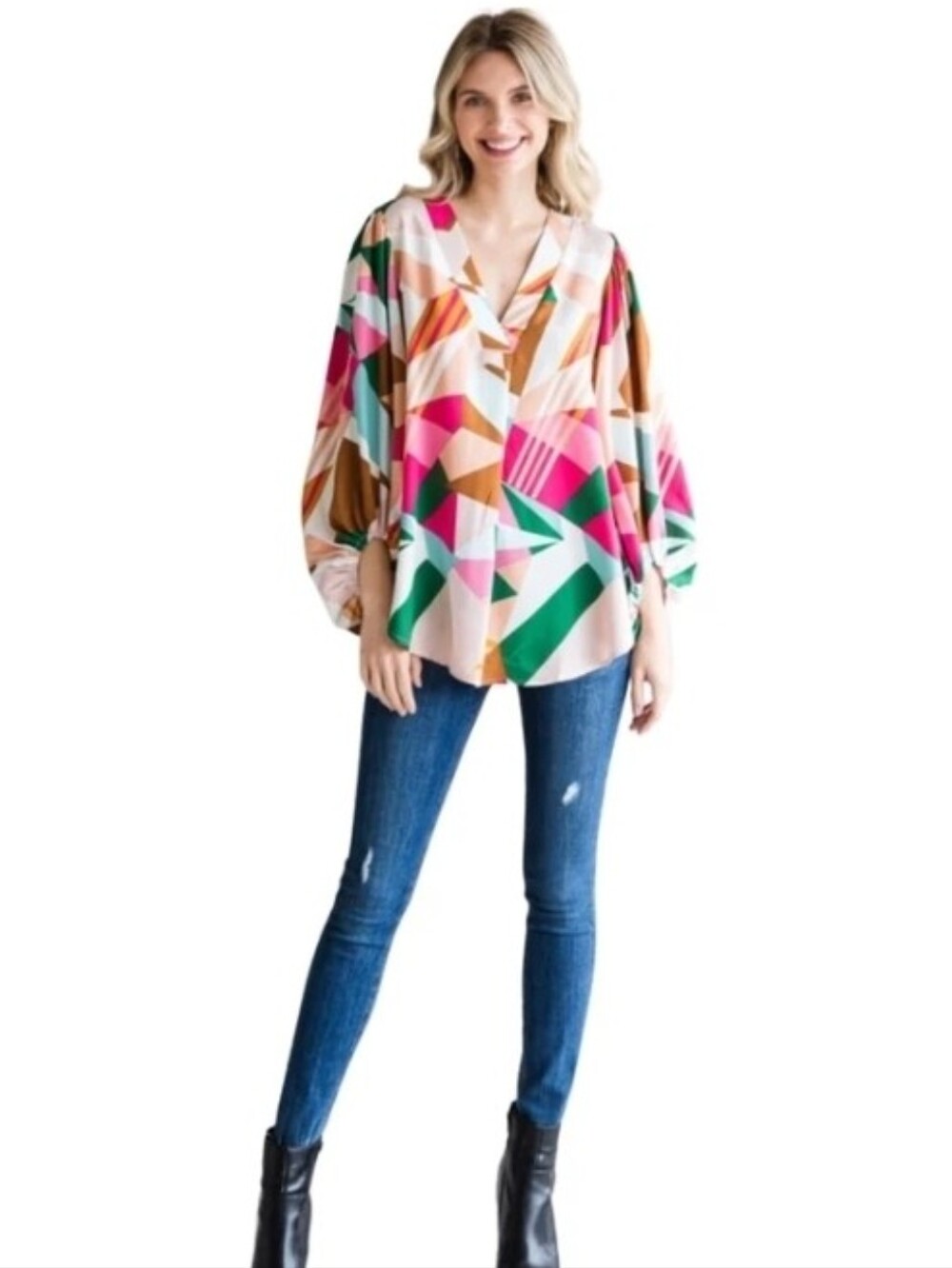 JODIFL Geometric Balloon-Sleeve Blouse in Pink, Green & Tan